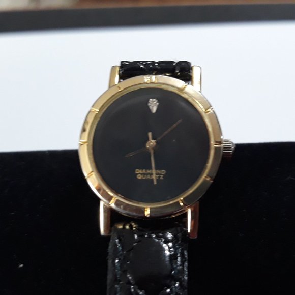 Vintage Diamond Chip and Quartz Black Leather Band - Picture 1 of 7